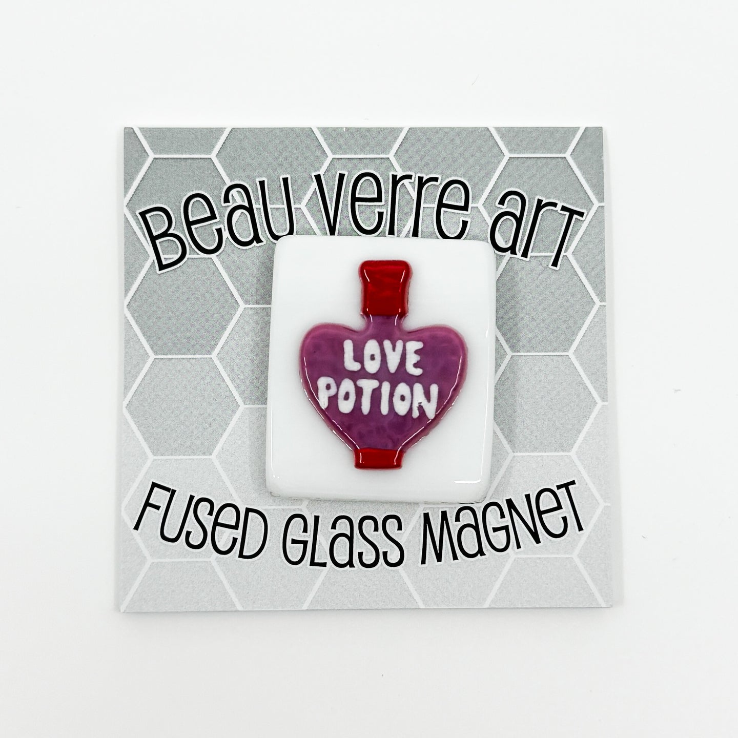 Love Potion Bottle Purple on White Fused Glass Needle Minder